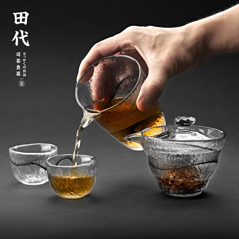 水墨风玻璃茶具套装 日式锤纹功夫茶道盖碗公P杯品杯茶洗整套茶具