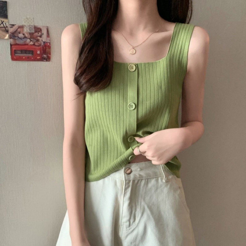 绿色冰丝针织吊带小背心女士夏季内搭外穿宽肩带坎肩无袖打底上衣