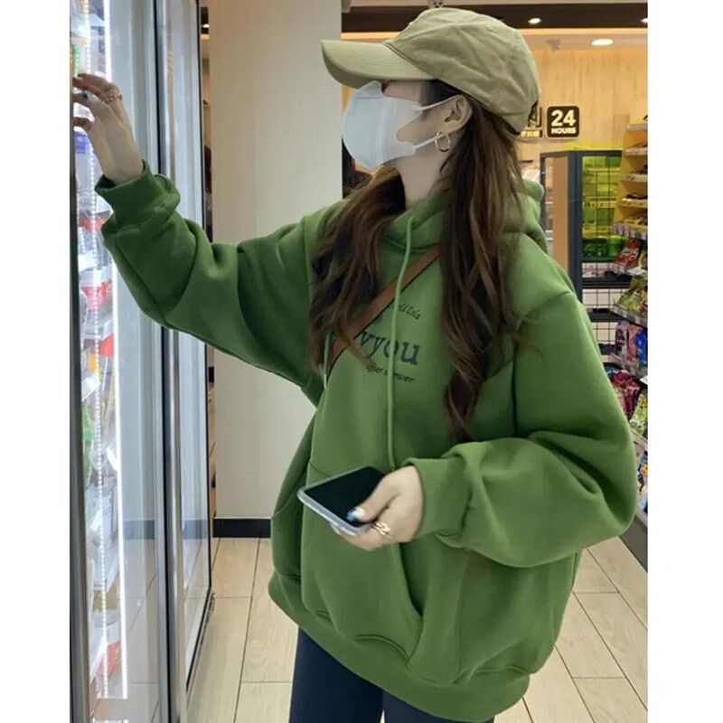 牛油果绿色连帽慵懒风卫衣女2024新款春秋小个子百搭宽松薄款上衣