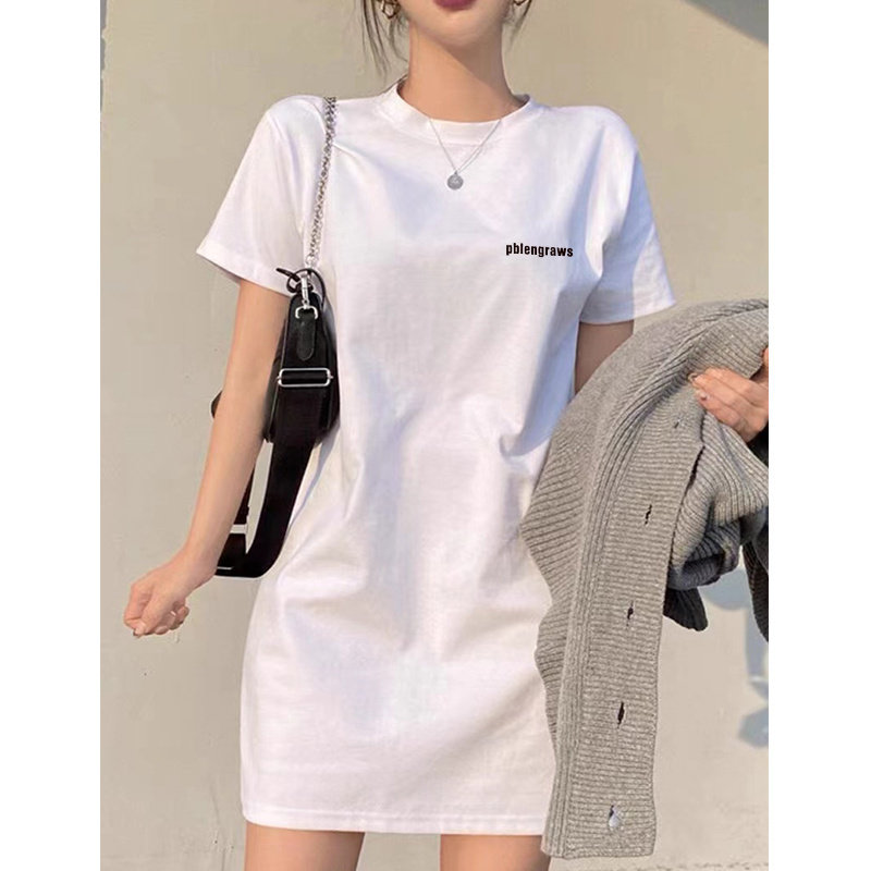 中长款T恤裙女2023新款夏季修身显瘦圆领白色百搭连衣裙下衣失踪
