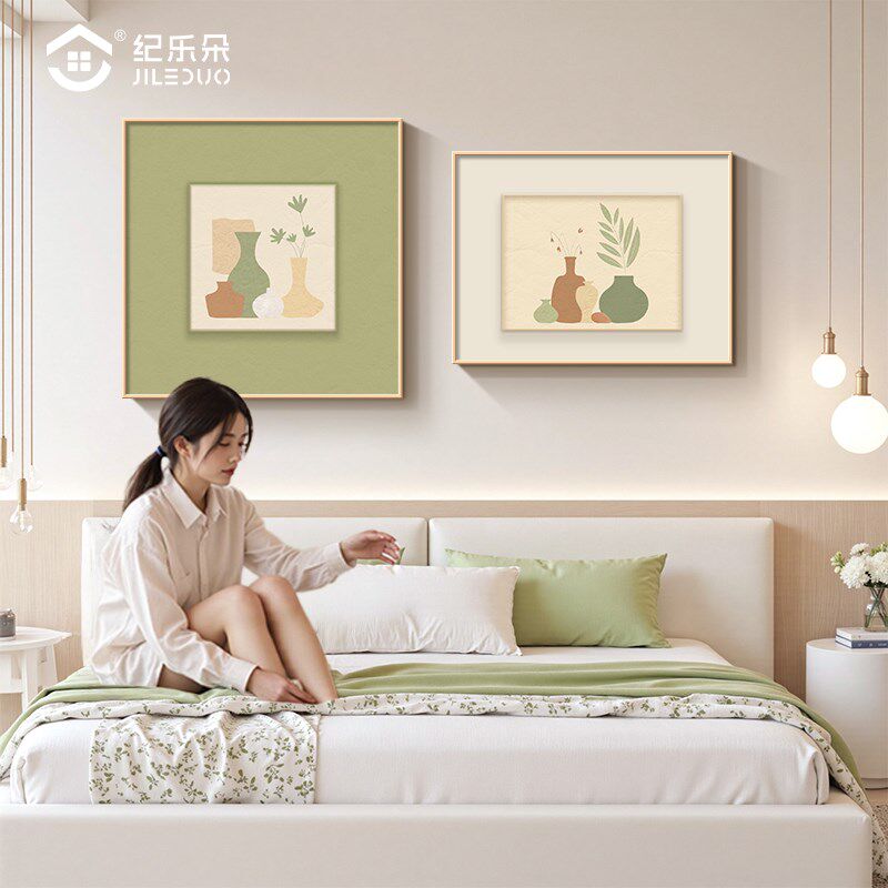 莫兰迪卧室床头装饰画绿色花瓶房间背景墙挂画现代简约新款组合画