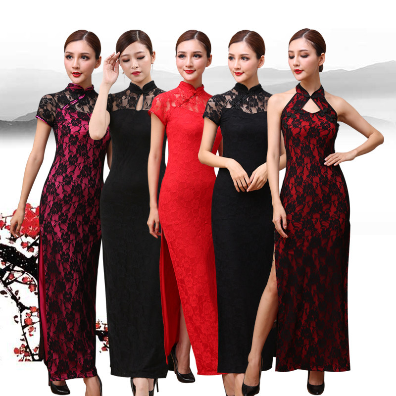 夏季长款旗袍女蕾丝2021新改良式复古修身中国风走秀演出服连衣裙
