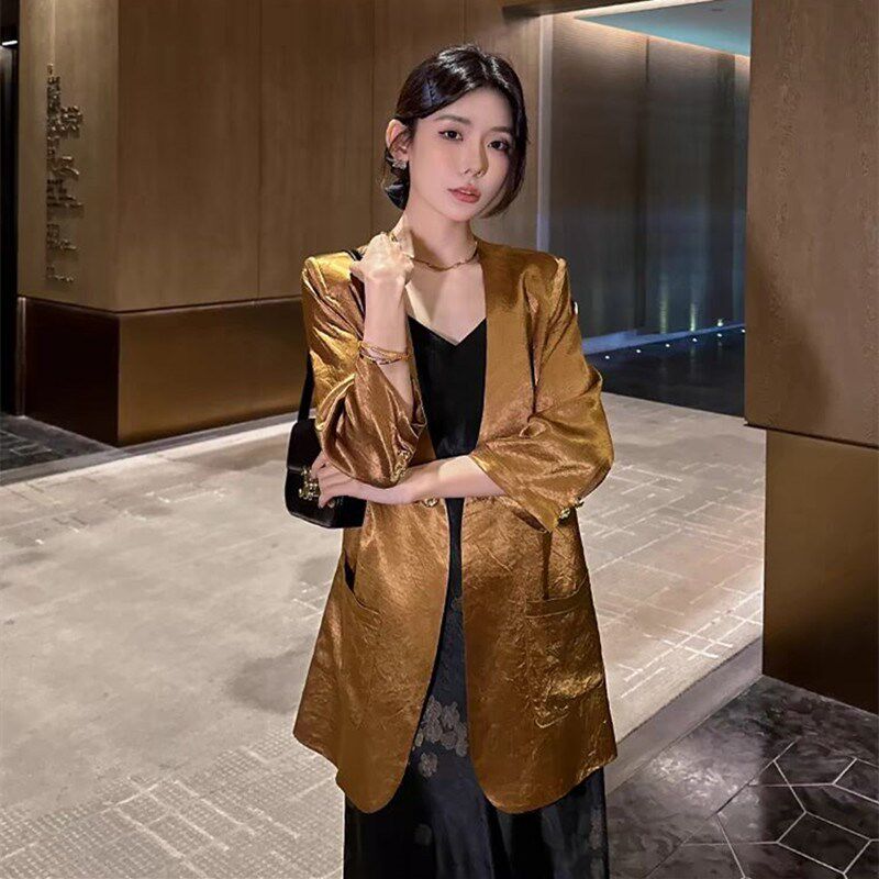 七分袖醋酸缎面西装外套女薄款2024夏季大码宽松显瘦西服外套上衣