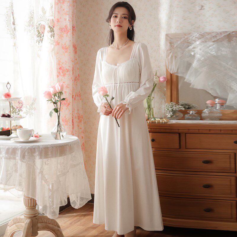 法式纯棉宫廷风白色睡裙长款脚踝长裙纯欲睡衣女晨袍带胸垫到脚踝