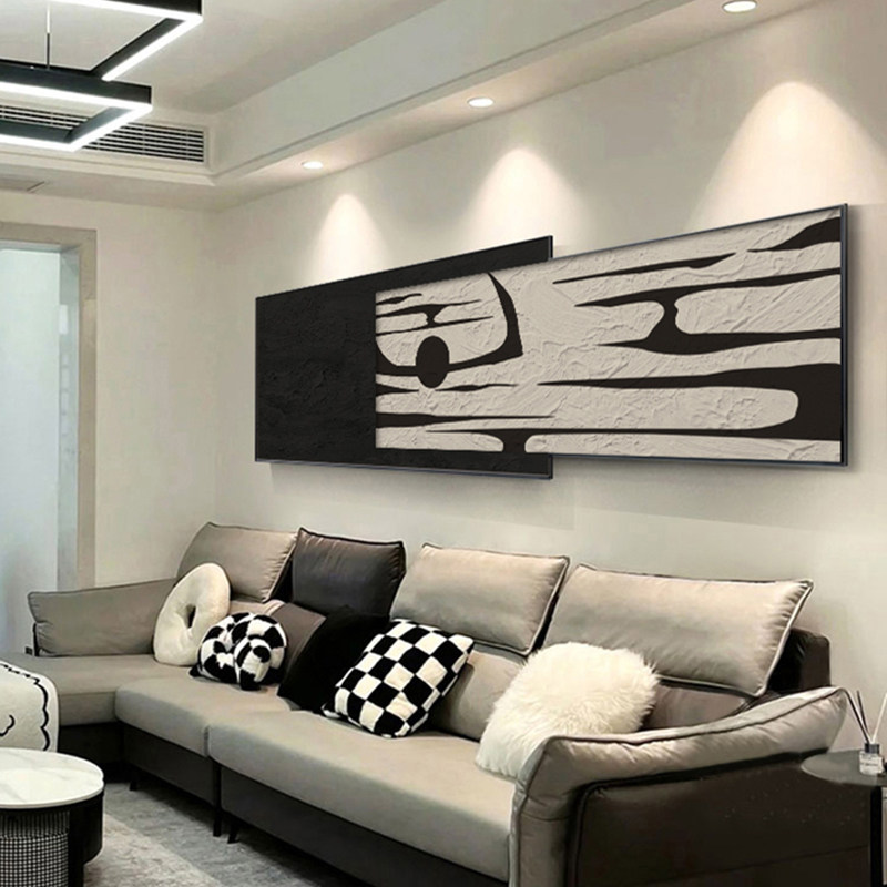 现代简约黑白抽象客厅装饰画高级感肌理横版叠加沙T发卧室背景挂