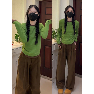 假两件牛油果绿色条纹T恤女秋季设计感修身长袖短款上衣打底内搭