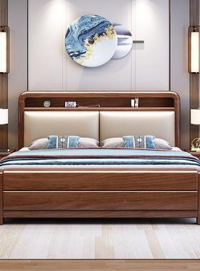 丝胡桃实木床现代大简约主卧1.8x2木米LEK双人床1.5米软靠金婚床
