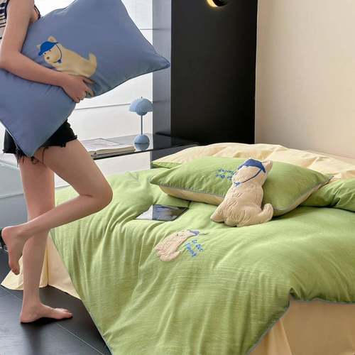 四季全棉长亲1S00URX全棉贡缎绒棉刺绣床品四件套肤柔软被罩床单