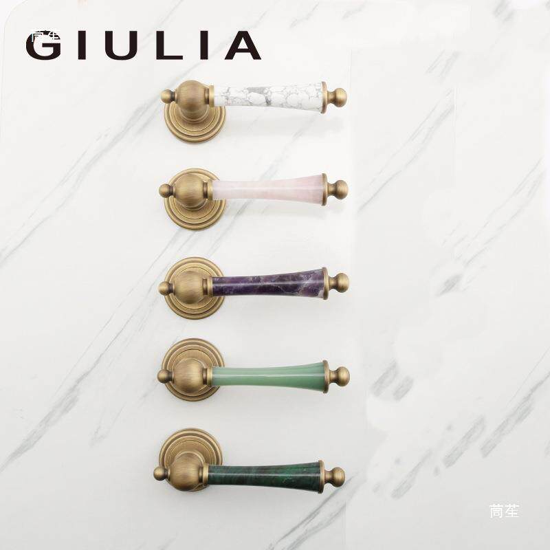 GIULA粉绿水晶白绿大复理石法式静音见描述磁吸卧室门锁紫古黄双I