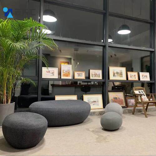 艺创意鹅卵璃石坐凳酒店休闲家具休息接待室内石室头玻03钢扪布沙