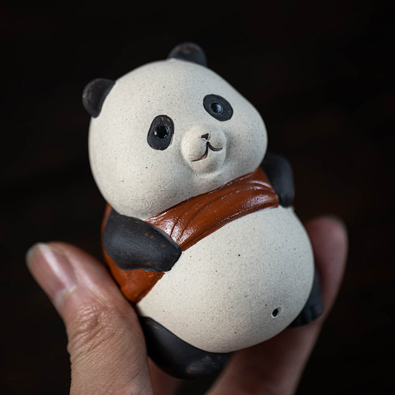 紫砂茶宠熊猫小摆件创意茶玩手工福墩墩茶具套装陶瓷工艺品配件