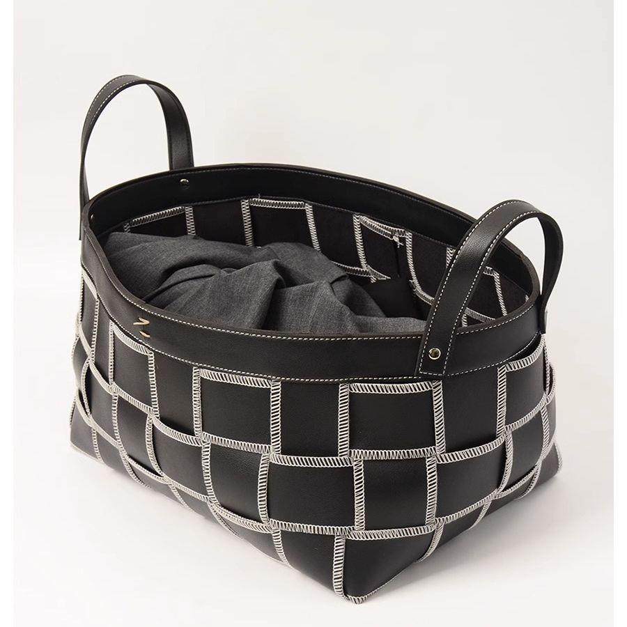 现代轻奢革手工编织收纳筐纳高档脏衣客篓厅家WWN用皮收篮装饰