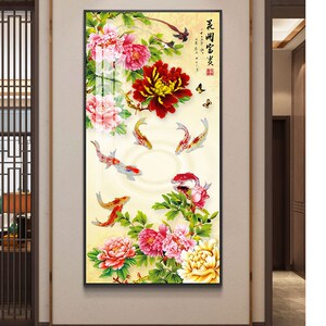 客厅入户门玄关装饰画走廊过道z竖版大气挂画花开富贵牡丹晶瓷镶