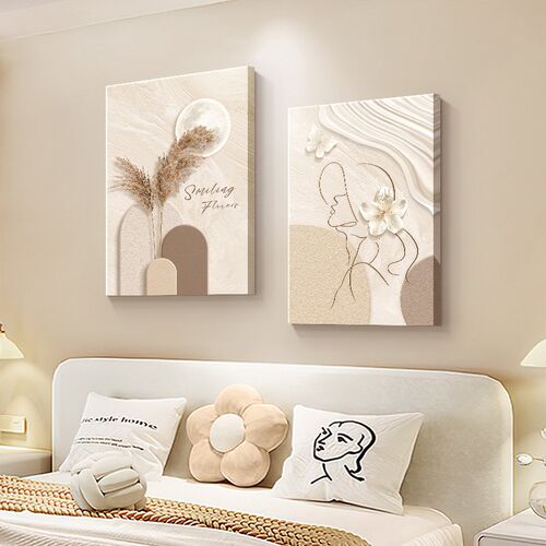 现代简约卧室床头装饰画抽象线条人物挂画L奶油风原木风客厅墙壁