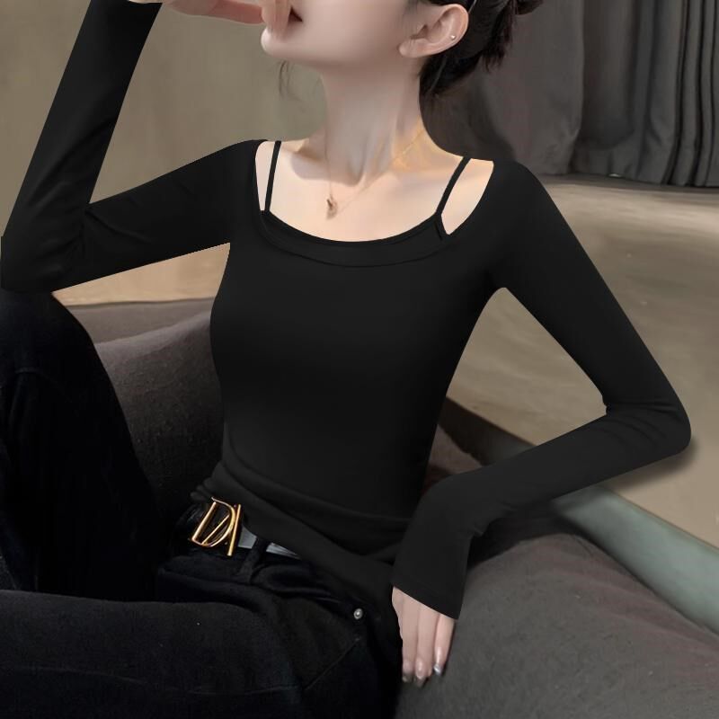 2024新款早秋黑色高级感打底衫内搭吊带长袖T恤女假两件挂脖上衣
