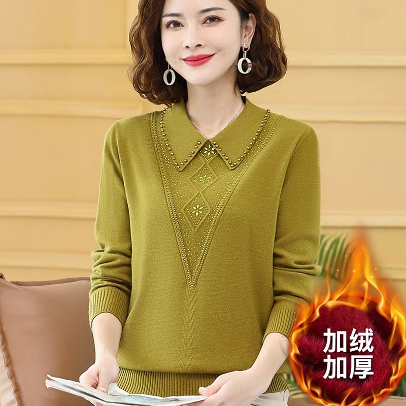 中年妈妈加绒毛衣女秋冬加厚打底衫2023新款洋气中老年翻领羊毛衫