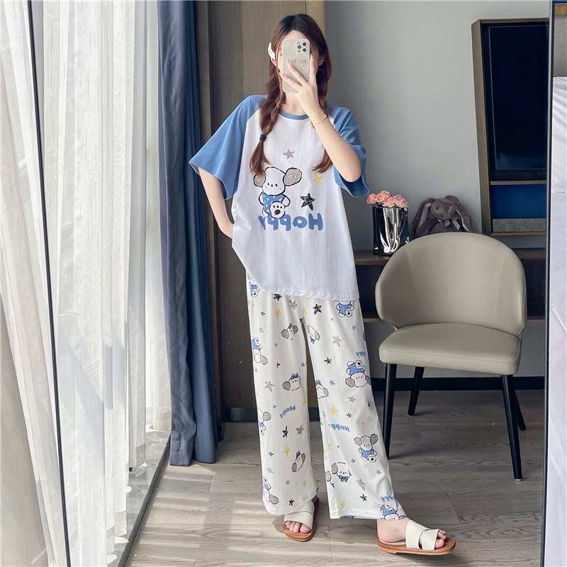 春夏季纯棉短袖睡衣女九分裤加大码200斤胖mm卡通宽松家居服套装