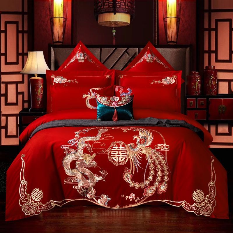 厂家亲肤婚庆四件套大红精致刺绣多件套结婚喜庆礼品床上用品