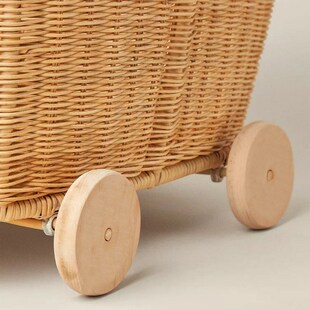 真藤编织篮带轮手推车玩具篮子儿童毛绒K玩偶收纳筐大容量无漆无