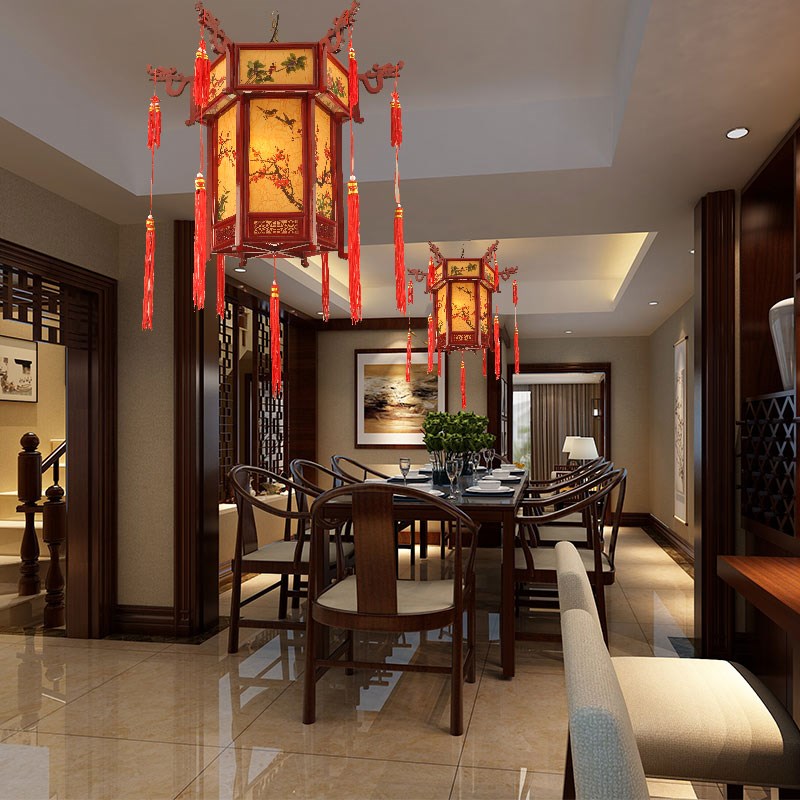 中式仿古木雕大红灯笼装饰木旋转走马宫灯实木宫廷灯笼新年吊灯