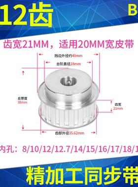 L12齿同步轮BF型齿宽21内孔6 8 10 12 14 15 16 17 18 19同步带轮