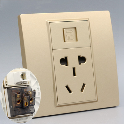 香槟色86型五孔电源带网络直通插金色电源带电脑插座网络模块面板