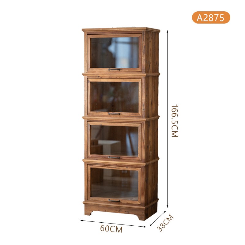 全实木原木风复古餐边柜提拉式玻璃门格子柜茶室做旧茶水柜收纳柜