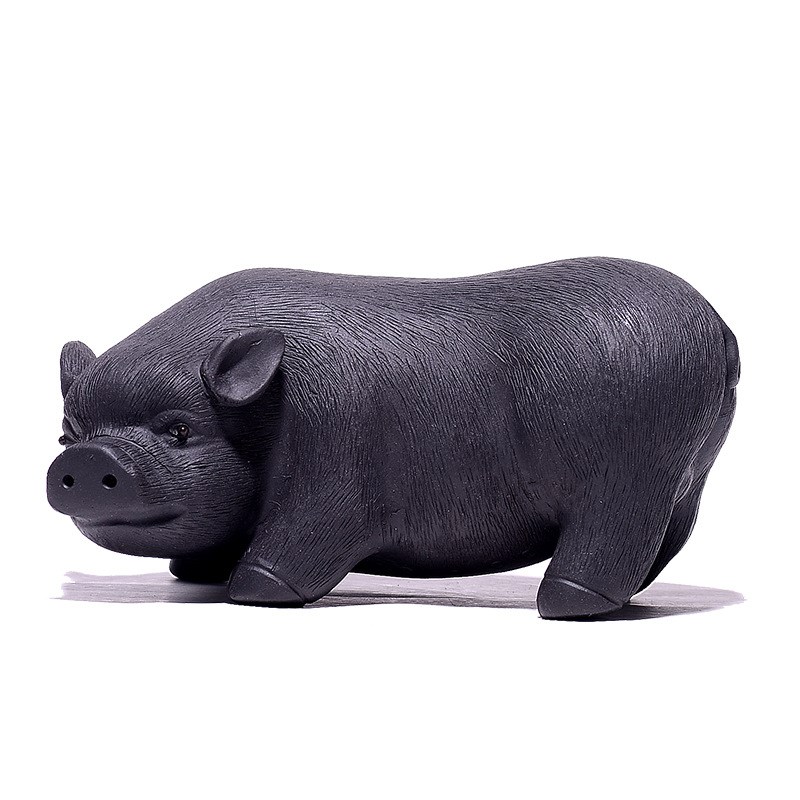 紫砂茶宠摆件雕塑可爱拉毛猪茶台办公室书柜酒柜书房饰品工艺品