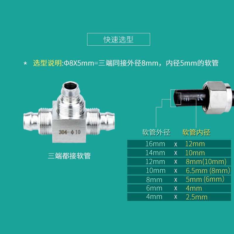 304/316不锈钢快拧式三通锁母式PU管尼龙管软管气管T型快速接头68