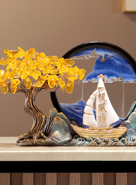 新中式一帆风顺发j财树流沙画摆件办公室书房玄关客厅电视柜装饰