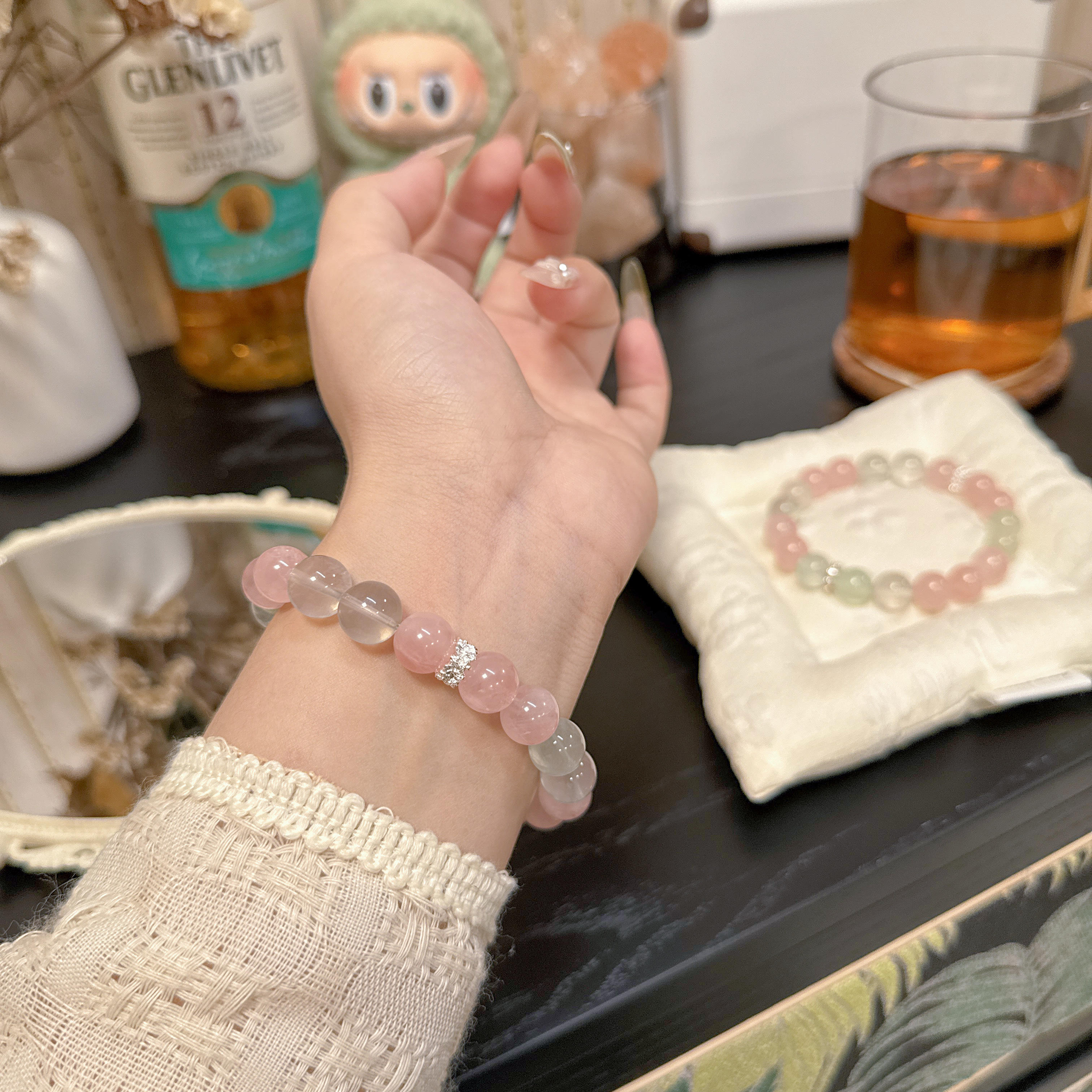 天然马粉水晶绿莹石手串10mm粉色绿色系少女风招桃花冰透女生礼物