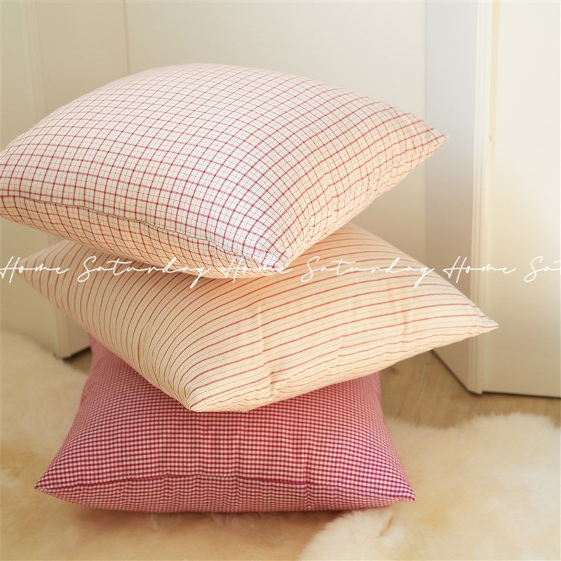 圣诞家居复古红格子条纹经典款抱枕W少女棉麻靠垫