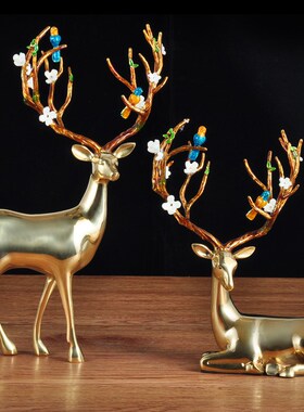 全铜鹿摆件卧鹿欧式工艺品简约家居客厅轻P奢动物鹿摆件装饰品