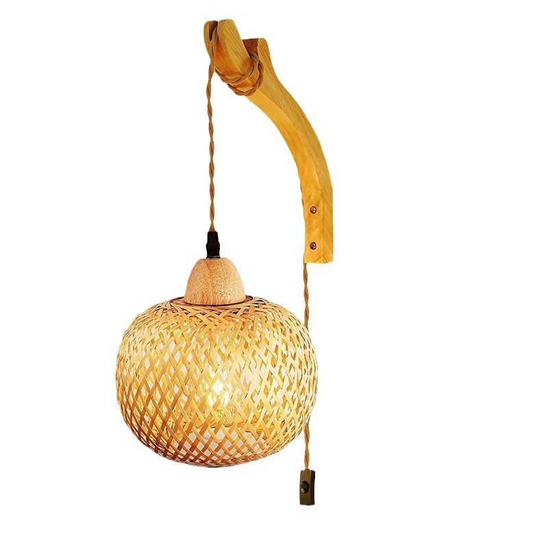 复古日式竹编床头壁灯餐厅藤灯木制卧室农舍乡村室内背景墙壁灯具