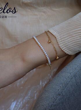 mini天然淡水小珍珠手链女baby珠简约小铃铛叠戴14k注金双层手串