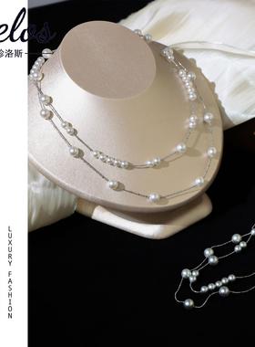 银灰色满天星天然珍珠颈链毛衣链