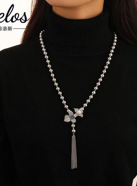 施家珍珠花朵毛衣链女款