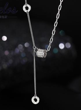 s925纯银小蛮腰项链女冷淡风ins轻奢小众设计拼接镶钻流苏锁骨链