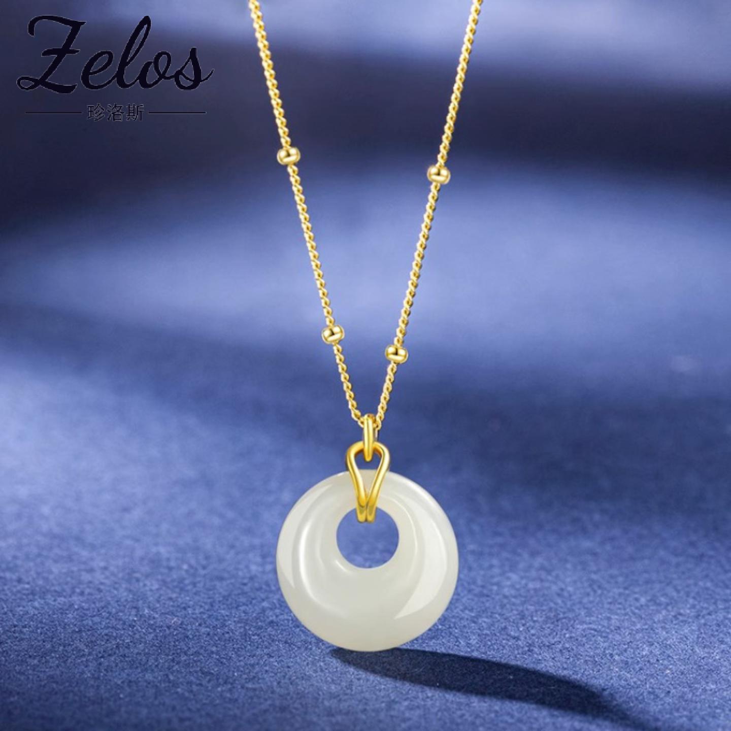 s925纯银幸运平安扣项链女简约小众设计锁骨链玉石吊坠项饰品礼物