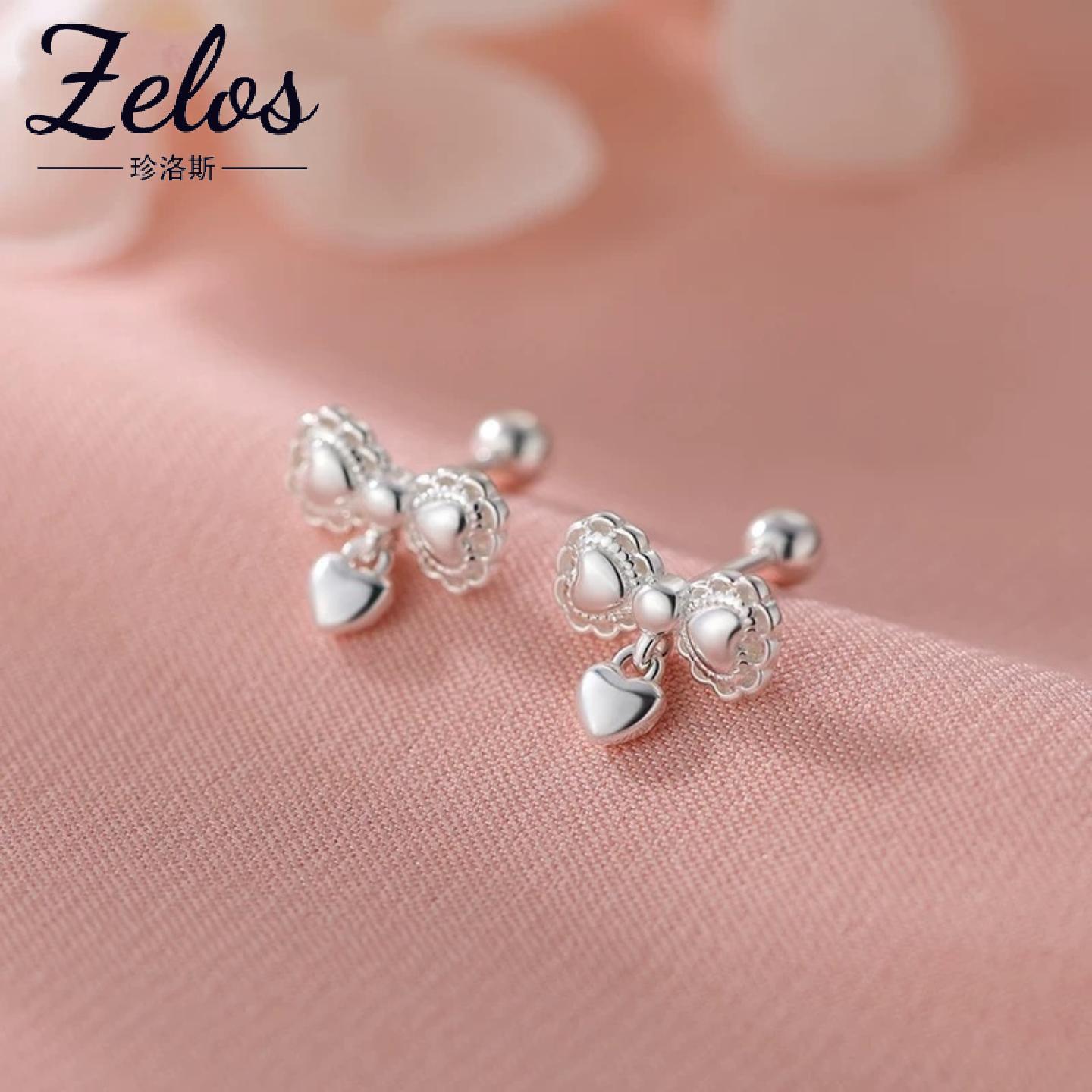 S999纯银蝴蝶结爱心耳钉