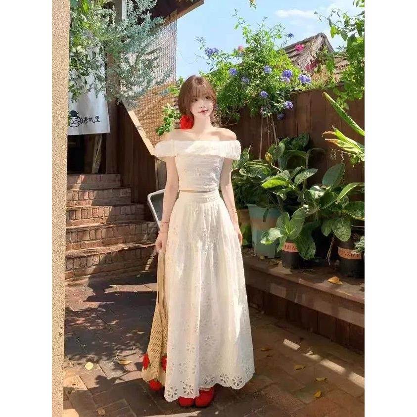 法式高级感套装裙女夏季绝美一字肩上衣镂空钩花高腰半身裙两件套