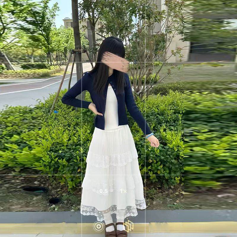 韩系学院风藏青色长袖针织开衫吊带背心蕾丝花边半身裙三件套女