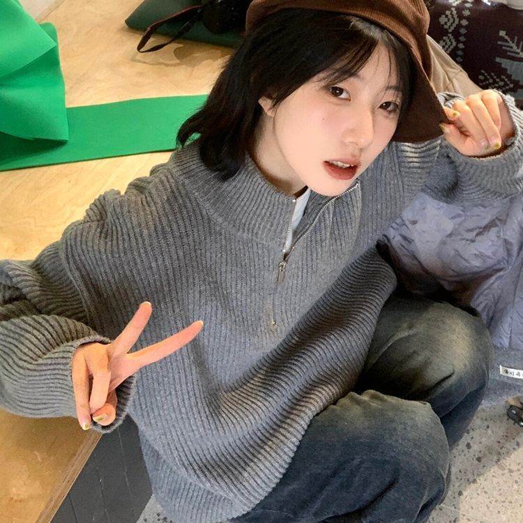 韩版半拉链针织毛衣女春夏潮流帅气百搭立领针织衫潮高领外搭上衣