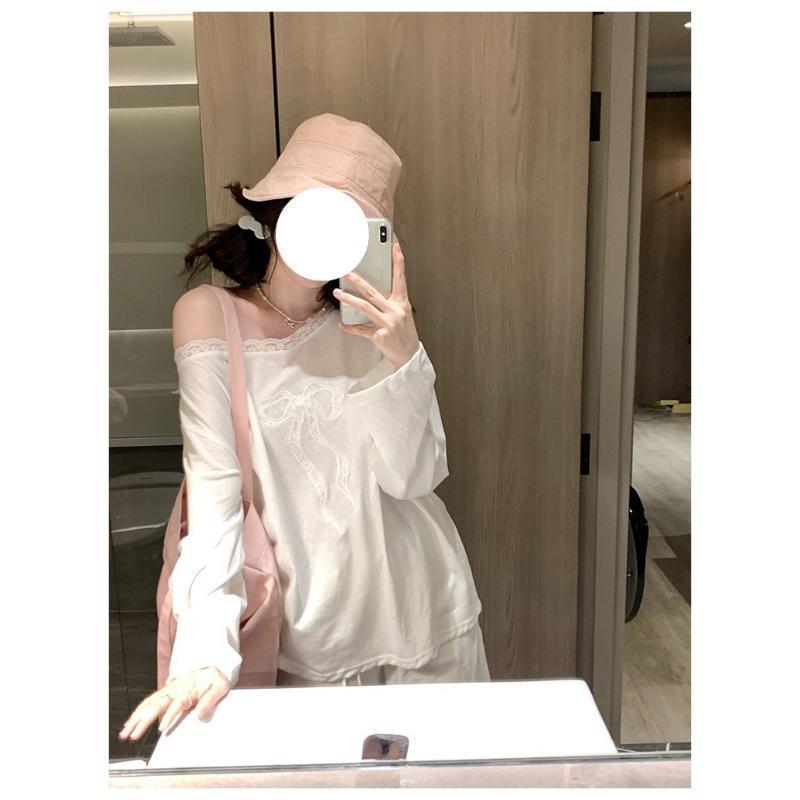 春季白色纯欲蝴蝶结蕾丝露肩辣妹宽松薄上衣外穿防晒罩衫长袖恤