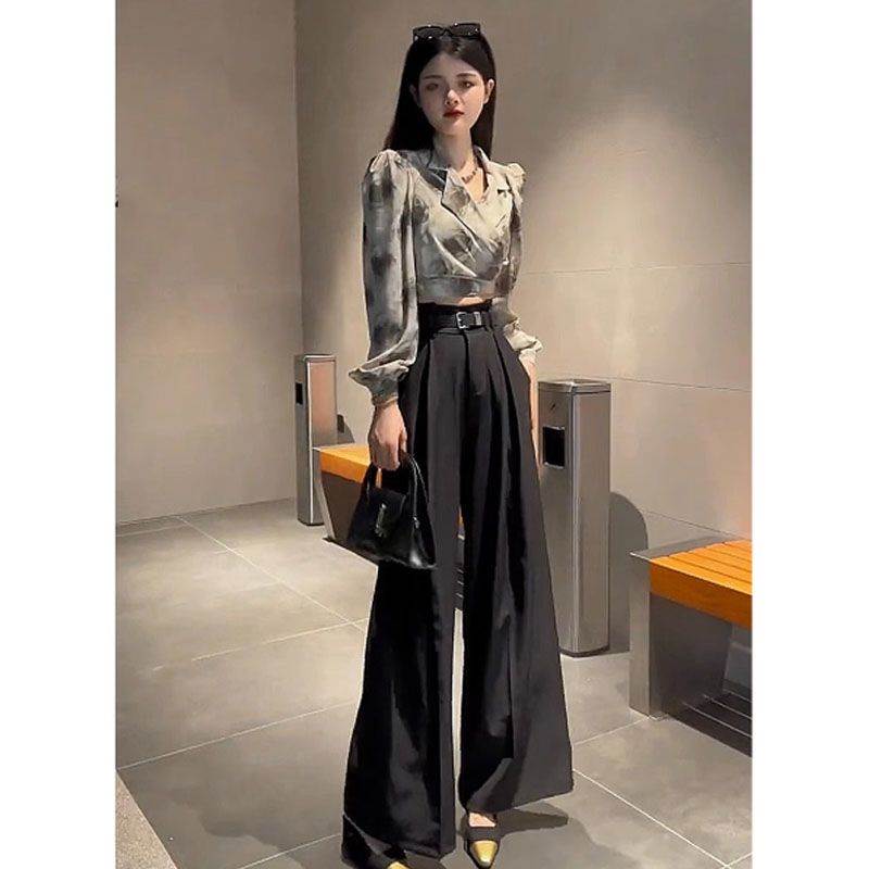 时尚两件套女2026春秋设计感气质泡泡袖领衬衫显瘦阔腿裤西装裤