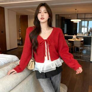 韩系领圣诞红针织开衫系带上衣女花边吊带背心叠穿两件套