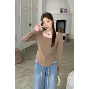 大码长袖恤女春季2026年新款微胖正肩遮肚子显瘦辣妹上衣