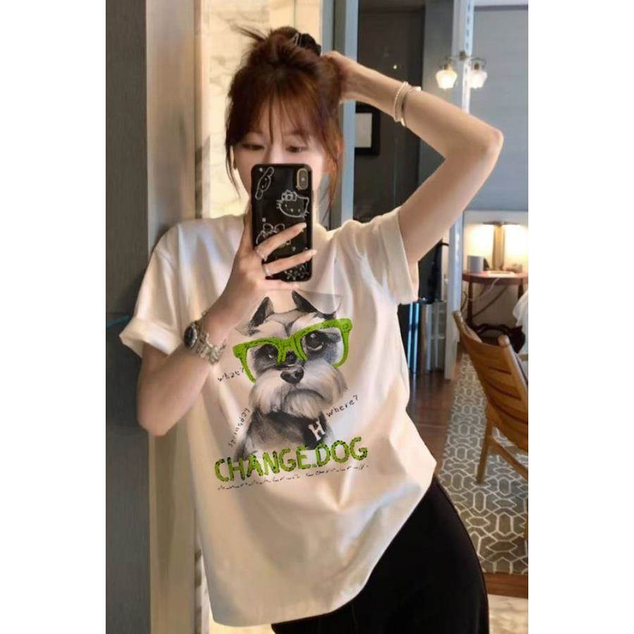 休闲新款圆领小个子女百搭时尚卡通印花白色潮牌半袖宽松体恤上衣