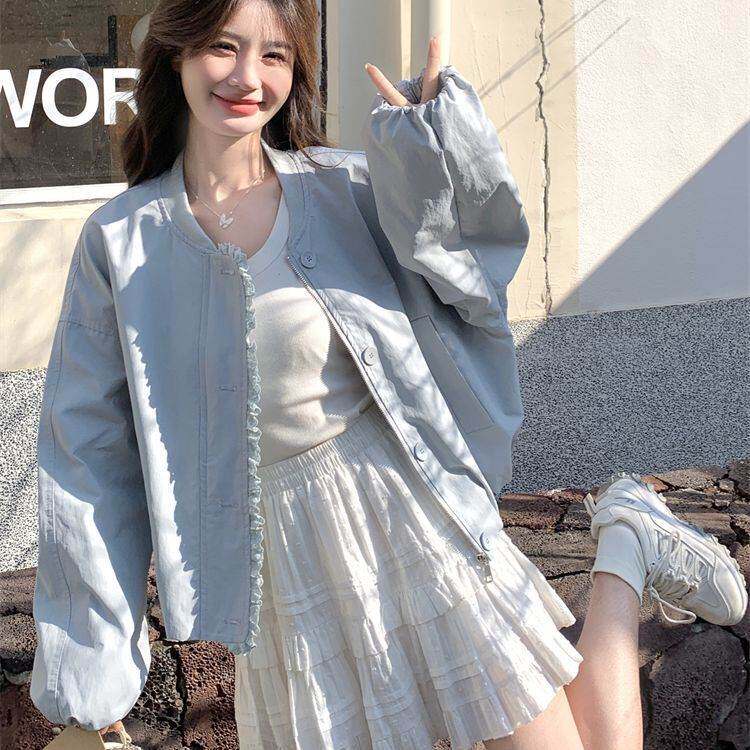 小香风花边蓝色休闲短款外套女春秋2026新款减龄棒球服夹克超好看