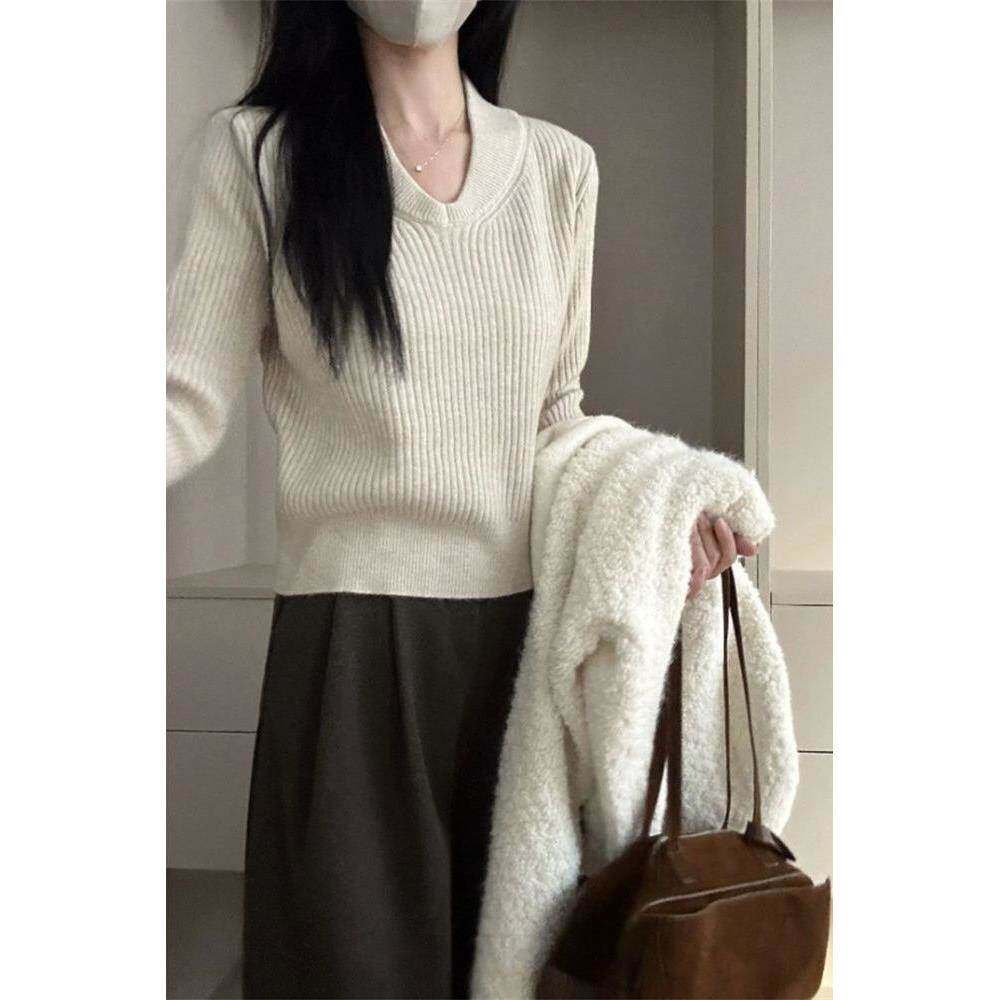 杏色领套头打底毛衣女新款春季内搭可外穿修身针织衫上衣